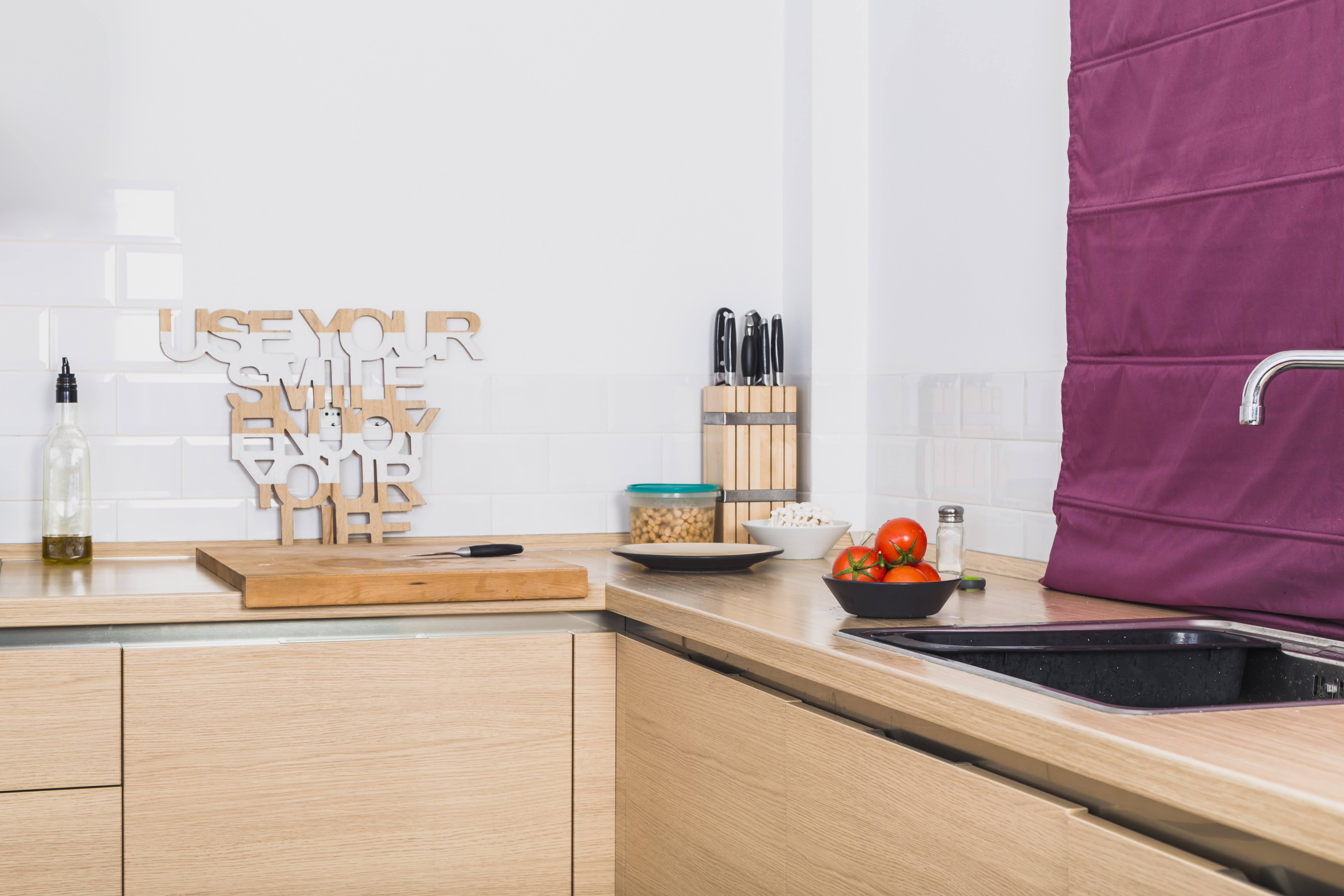 Kitchen corner with timber worktop and accessories